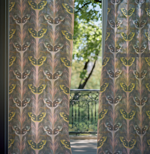 Sheer curtain panel featuring an alternating pattern of golden yellow and silver-gray moths arranged in vertical columns against a dusky background, with delicate rose-gold botanical details connecting each specimen.
